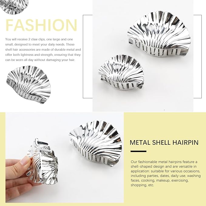 2pcs Seashell Hair Clip Fashion Sweet Shell Hair Claw Metal Shell Claw Clip Hair Accessories for All Hair Types, Such as Thick, Long, Straight, and Curly Hair (Silver (1 large + 1 small)