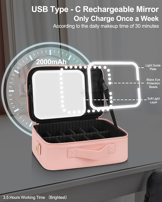 Relavel Makeup Train Case With LED Mirror, Professional Travel Cosmetic Bag with Removable Partitions,Compact Makeup Organizer, Waterproof Toiletry Case for Women, Pink