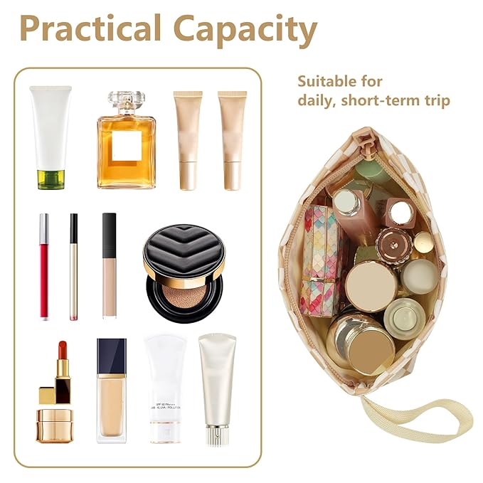 Ethereal Small Makeup Bag, Checked Travel Makeup Bag with Makeup Brush Holder, Cosmetic Bag Black Make up Pouch for Women/Girls