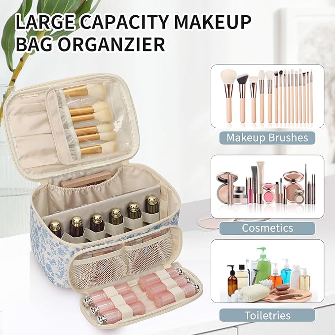 OCHEAL Makeup Bag, Multifunctional Make Up Bags Large Compact Makeup Bag Organizer Cosmetics Toiletry Brushes Storage Case for Women Girls Makeup Case with Handle Divider-Floar