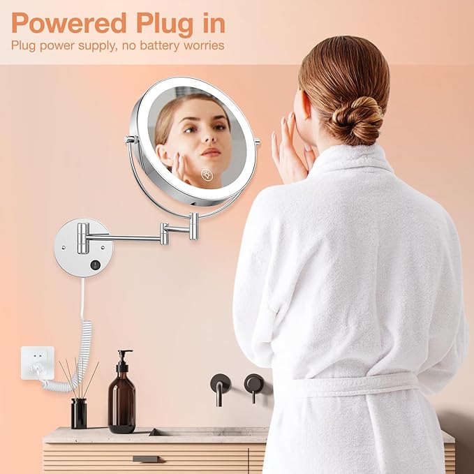 Benbilry 9" Large Wall Mounted Lighted Makeup Mirror, 1X/10X Magnifying 2-Sided AC Plug-in Powered Bathroom Mirror with 3 Color Lights, Touch Dimmable, Extended Arm 360° Rotation, Chrome