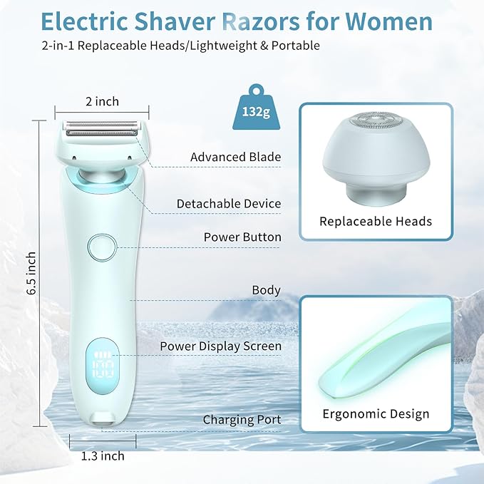 Livora Electric Shaver for Women, Bikini Trimmer for Women, Silk Glide Pro Shaver, 2 in 1 Electric Razors for Women, Waterproof Painless Wet & Dry, Removable Head for Bikini, Legs, Body