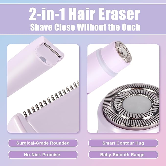 Bikini Trimmer for Women, Electric Razor and Dual Head Shaver for Women, 2-in-1 Waterproof Painless Trimmer & Shaver for Bikini Area, Face, Legs and Body, Sensitive Skin Safe