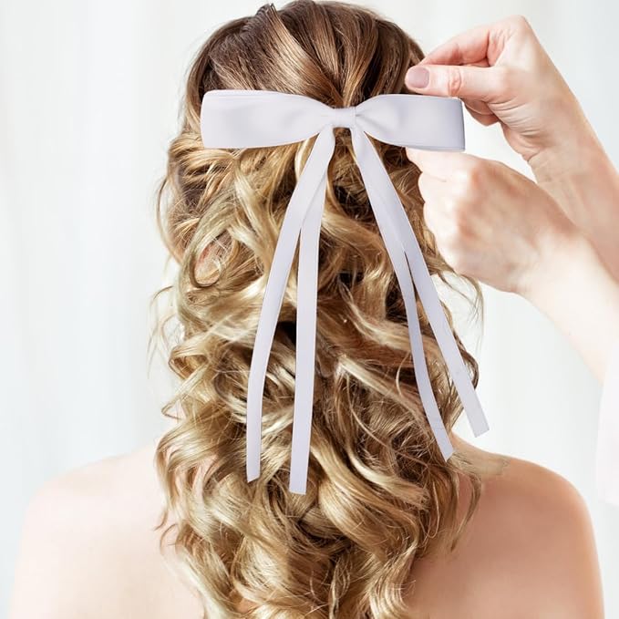 4 PCS Tassel Ribbon Bowknot Hair Clips With Long Tail for Women Girl Teens Kids, Solid Holder Fashion Bow Bowknot Hair Accessories Headwear Barrettes Claw(Pink&White)