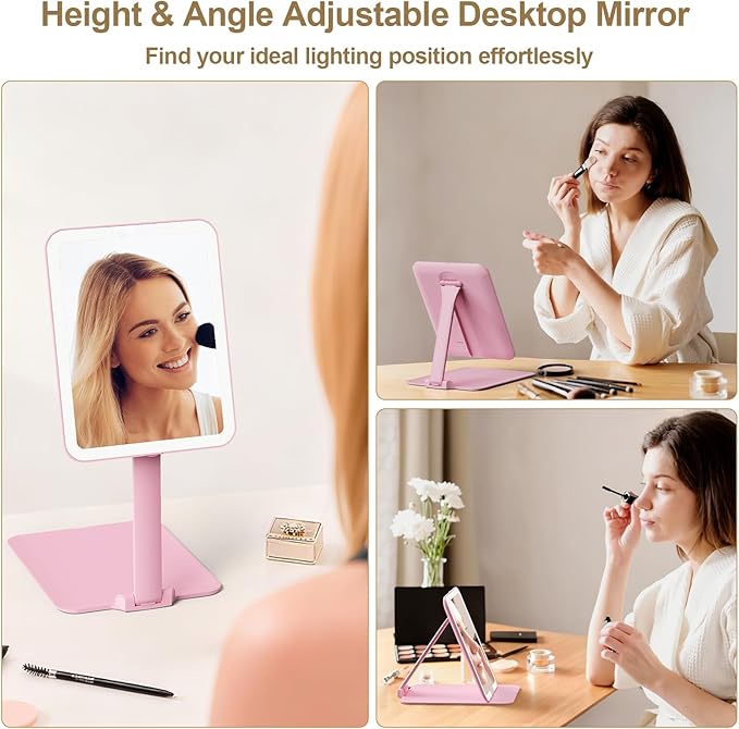 Benbilry Travel Makeup Mirror with Light, 15X Magnifying Mirror & 3 Color Modes, 1800mAh Rechargeable, Adjustable Height/Angle Stand, Foldable LED Vanity Mirror for Tabletop (Pink)