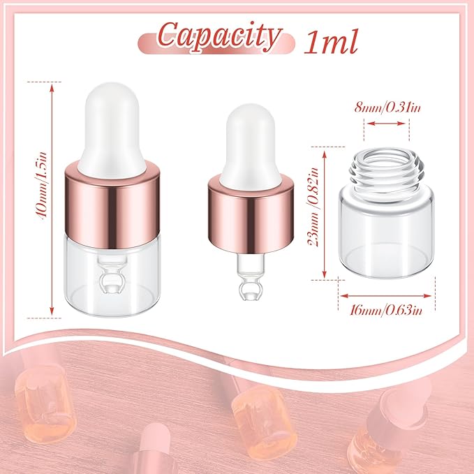 200 Pcs Mini Glass Oil Dropper Bottle Bulk, Clear Essential Small Empty Bottles Sample Containers Perfume Liquid Vials with Cap for Traveling (1 ml,Rose Gold)