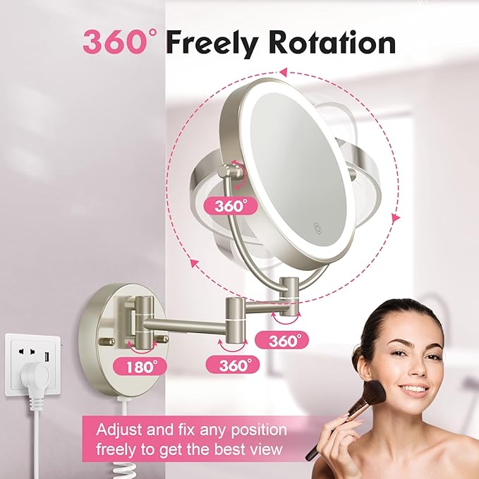 FASCINATE Upgraded Wall Mounted Makeup Mirror with Lights, Super Large Double Sided 1X/10X Magnifying Mirror for Bathroom, 360° Swivel Extendable Plug Touch Sensor Vanity Mirror