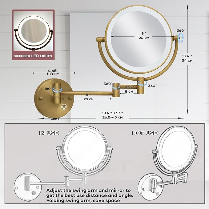 Brass Wall Mounted Makeup Mirror with Lights and Magnification, Rechargeable Lighted Magnifying Mirror Wall Mount with 1X and 5X, Brushed Antique Brass Bathroom Arts Ware