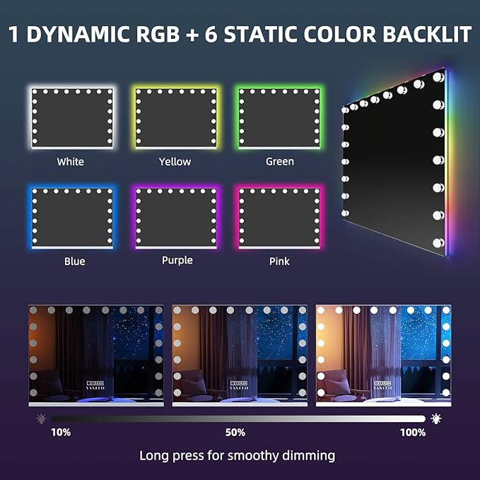 VANITII Hollywood Vanity Mirror with RGB Lights Tempered Glass Light Up Makeup Mirror with 18 Dimmable LED Bulbs 3 Color Lighting Modes Smart Touch 10X Magnification for Bedroom