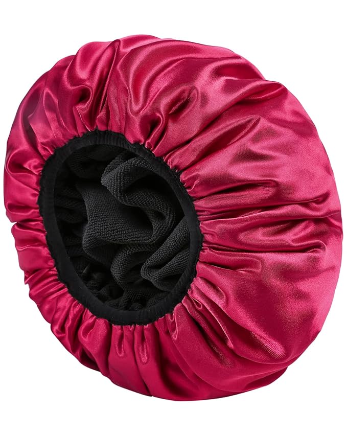 YIZIJIZI Triple Layer Reusable Waterproof Shower Cap for Women Large Terry Lined Hair Cap for Long Thick Hair Travel Bath Care Red