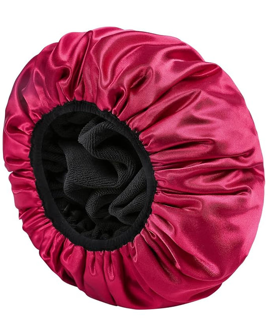 YIZIJIZI Triple Layer Reusable Waterproof Shower Cap for Women Large Terry Lined Hair Cap for Long Thick Hair Travel Bath Care Red