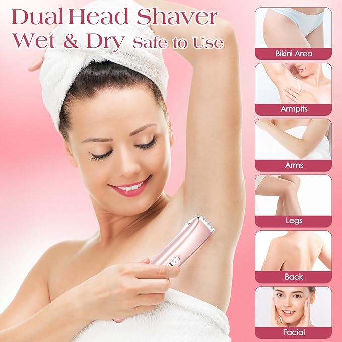 2 in 1 Bikini Trimmer for Women Dual Head Electric Razors IPX7 Waterproof Wet & Dry Use, Electric Shaver for Women Private Area Facial Body Underarm Leg Arm Hair Remover for Pubic Hair