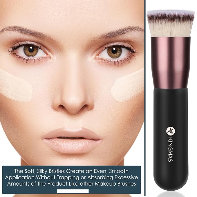 KINGMAS Flat Top Foundation Brush, Premium Kabuki Makeup Brush for Liquid, Blending, Cream, Powder,Blush Buffing Stippling Face Makeup Tools (Black, A (Flat Top))