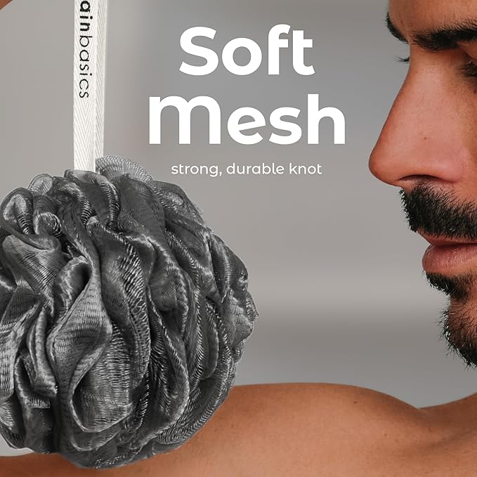 MainBasics Charcoal Infused Bath Shower Loofah Sponge Pouf Body Wash Scrubber (Set of 3)