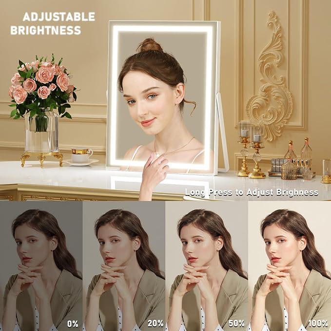 Vanity Mirror with Lights, 11"× 14" LED Makeup Mirror, Lighted Makeup Mirror with Lights, Smart Touch Control Dimmable 3 Modes Light 360°Rotation White