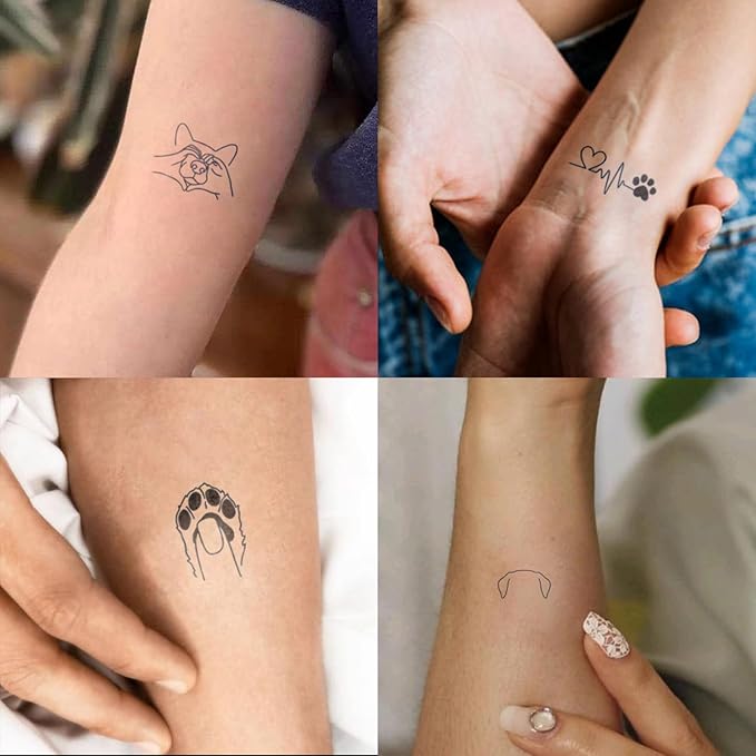 Dog Paw Temporary Tattoos – 16 Small Pet-Inspired Outline Tattoos for Dog Lovers, Cute & Minimalist, Realistic & Long-Lasting for 2 Weeks