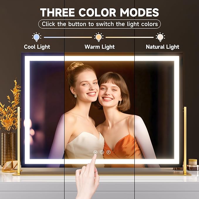 Hasipu Vanity Mirror with Lights, 25.6" x 21.3" LED Makeup Mirror, Light up Mirror with 10X Magnification, USB Charging Port, Smart Touch 3 Colors Dimmable, 360° Rotation (Gold)