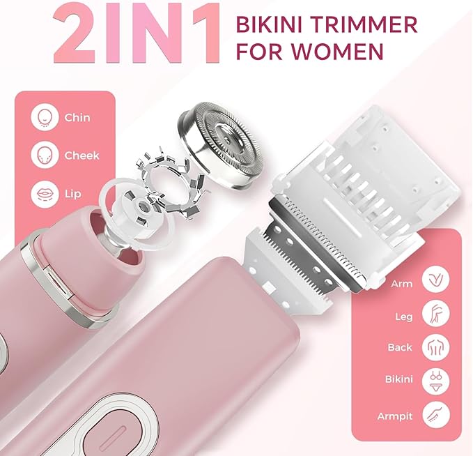 RUIM 2-in-1 Bikini Trimmer for Women, Dual Head Electric Razors, IPX6 Waterproof Women Electric Shaver, Painless Body Facial Hair Removal, Pink