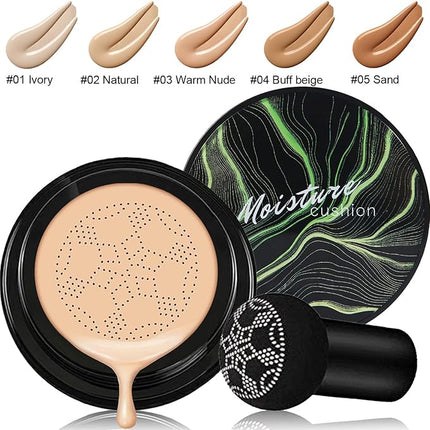 2 PCS Mushroom Head Air Cushion CC Cream Nature Foundation,Foundation Brush Powder Brush,Moisturizing Concealer, Bright Makeup Base Long Lasting with Mushroom Makeup Sponge(#04 Buff Beige)