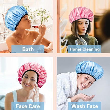 Auban Shower Cap for Women, Adjustable Reusable, Extra Large, Double-Layer Waterproof Bathing cap, Waterproof Exterior, EVA Lining, Hair Cap for All Hair lengths, 3 Colors