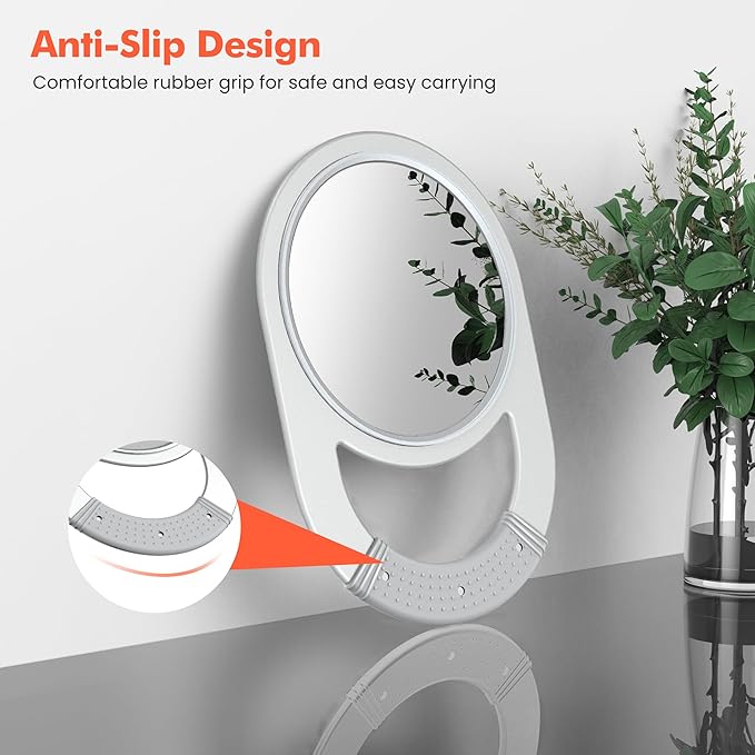 TASALON Unbreakable Hand Mirror, Hand Mirrors with Handle, Salon Barber for Hair, Anti-Slip Hand Held with Rubber Grip for Travel, Makeup, Shaving, Shower, Camping - Silver