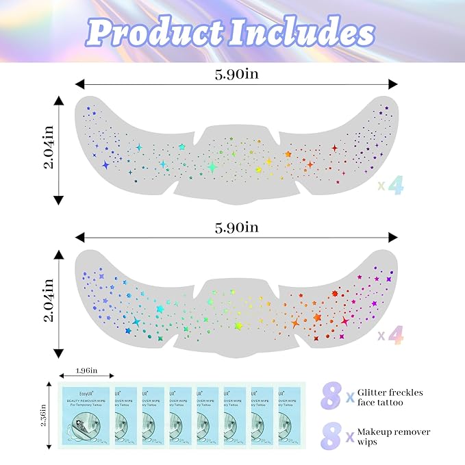 8Pcs Chameleon Glitter Freckles Face Tattoo, Cute Star Holographic Multichrome Waterproof Glitter Speckles Patches, Long Lasting Temporary Tattoos Sticker Makeup for Festive Rave Accessories02