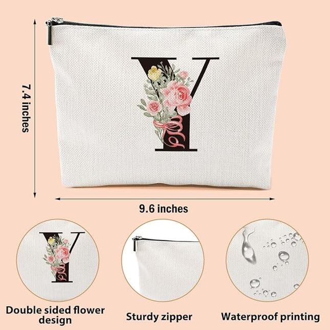 Personalized Makeup Bag, Initial Letter Y Makeup Bag for Women Rose Monogram Cosmetic Bags Toiletry Pouch, Monogrammed Gifts for Women Mom Grandma Sister Friends Thanksgiving Christmas Birthday Gift