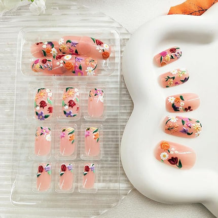 Flower Press on Nails Medium Cute Colorful 3D Flowers Fake Nails Square Acrylic Nails Press ons Colorful Floral Full Cover Glossy Spring and Summer Stick Glue on Nails for Women Girls 24 Pcs