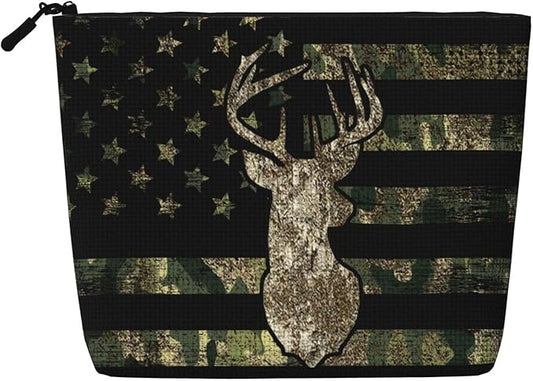 MOLAIGIN Camo Camouflage Hunting Deer American Flag Cosmetic Bag For Women, Travel Makeup Bag, Toiletry Zipper Bag, Large Capacity Aesthetic Cases