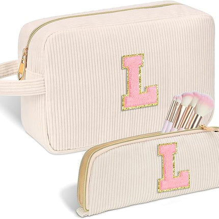Personalized Initial Makeup Bag Trendy Stuff Corduroy Cosmetic Bag Travel Toiletry Bag, Valentine’s Day Gift Makeup Organizer Case & Makeup Pouch for Women Teen Girls Mom Girlfriend Wife