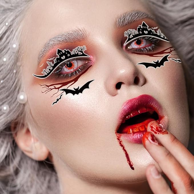 12 Sheets Halloween Luminous Temporary Tattoo, Upper & Lower Lash Designs Waterproof with Scary Motifs for Men & Women Cosplay Party & Festive Looks & Stage Face Makeup Decoration