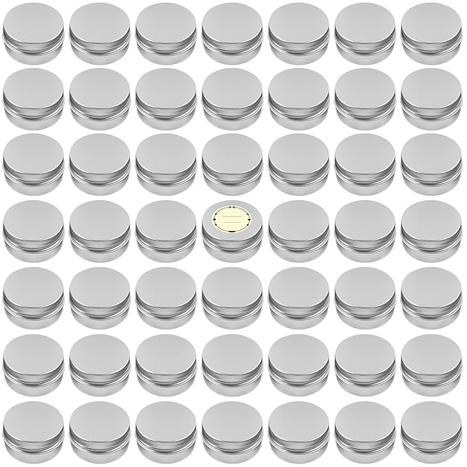 TUZAZO 48Pack 2 Oz Aluminum Tin Cans with Screw Lid and Labels, Refillable Travel Sized Cosmetic Containers Small Tins for Salves, Lotion Bars, Beard Balms, Candles