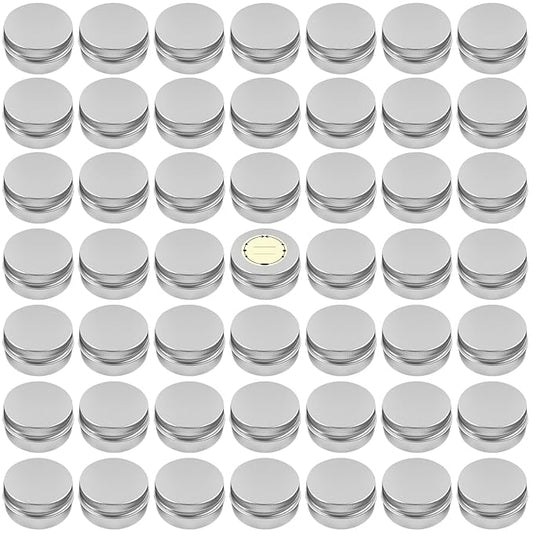 TUZAZO 48Pack 2 Oz Aluminum Tin Cans with Screw Lid and Labels, Refillable Travel Sized Cosmetic Containers Small Tins for Salves, Lotion Bars, Beard Balms, Candles