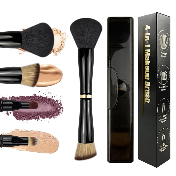 4 in 1 Makeup Brush, Travel Makeup Brush Set with Case, Mini Makeup Brushes, Powder Foundation Brush, Concealer Brush, Eyeshadow Brush, Dual Ended Makeup Brush for Liquid,Cream, Powder