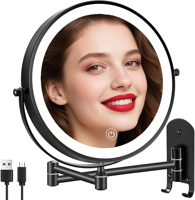 9" Rechargeable Wall Mounted Lighted Makeup Mirror, Double Sided 1X/10X Magnifying Mirror with 3 Color Lights Dimmable, Bathroom Mirror with Hook, Black
