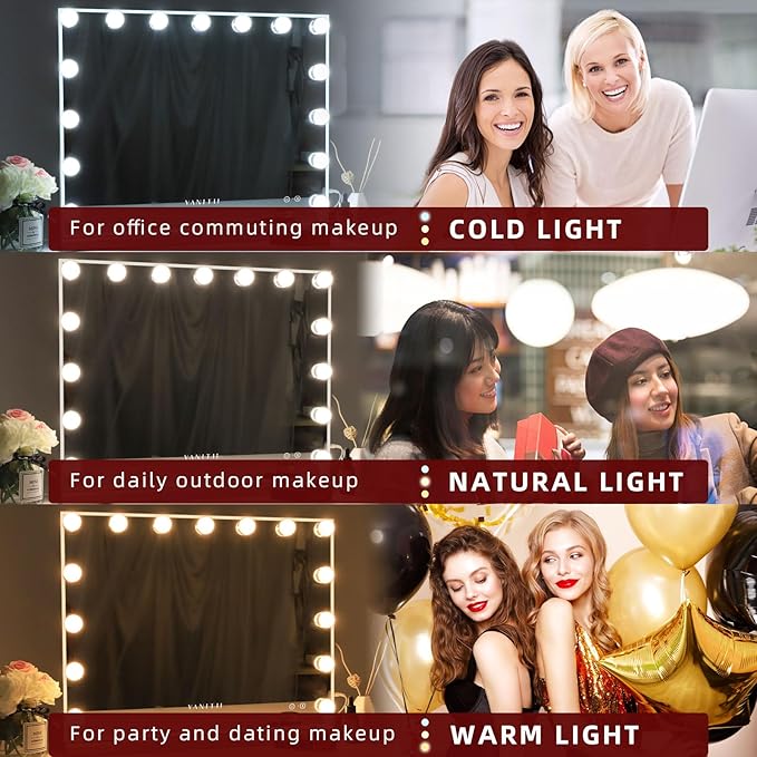 VANITII Vanity Hollywood Mirror with Lights Speaker USB Charging Lighted Makeup Mirror with Bulbs 3 Lighting Modes and Desktop Light up Mirror for Bedroom Dressing Room