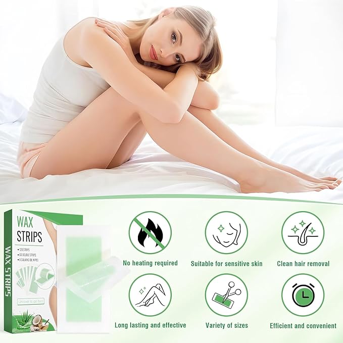 120 Strips Wax Strips Body Hair Removal 2 Sizes and 8 Oil Wipes Waxing Strip Dual Sides Bikini Brazilian Wax for Women Men Face Arms Legs BackUnderarm Waxing Kit Suit Many Skin Aloe Scent