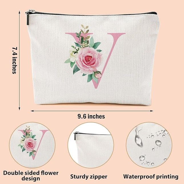 Pink Monogram Makeup Bag, Initial V, Cosmetic Bag Personalized Travel Organizer Bags Makeup Pouch, Monogrammed Gifts for Women Girls Friend Sisters Bridesmaid Wedding Bridal Shower Gifts
