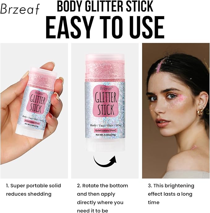 Brzeaf Pink Glitter Stick, Not Greasy & Long Lasting, Halloween Face Glitter Gel, Chunky Glitter for Face/Body/Hair/Eyes/Lip, Singer Concert Music Rave Festival, Glitter Stick Makeup for Women Men