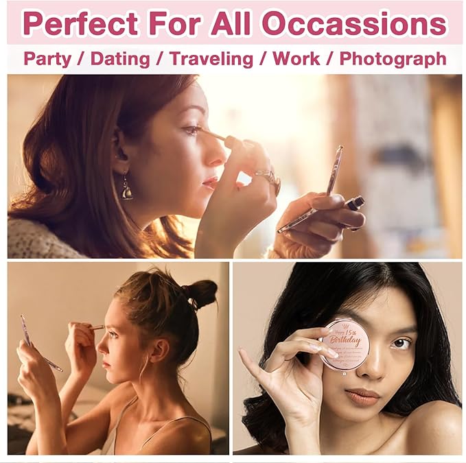 15 Year Old Girl Gift Ideas, Rose Gold Compact Mirror for 15th Birthday, 2.6" Round Travel Makeup Mirror with 1x & 2x Magnification