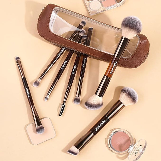MAANGE 7 PCS Foundation Makeup Brush Set With Bag, Make up Brushes, Eyeshadow Concealer Brush, Double-ended Foundation Contour Powder Blush, Professional Face brush Set Tools For Liquid,Cream(Apricot)