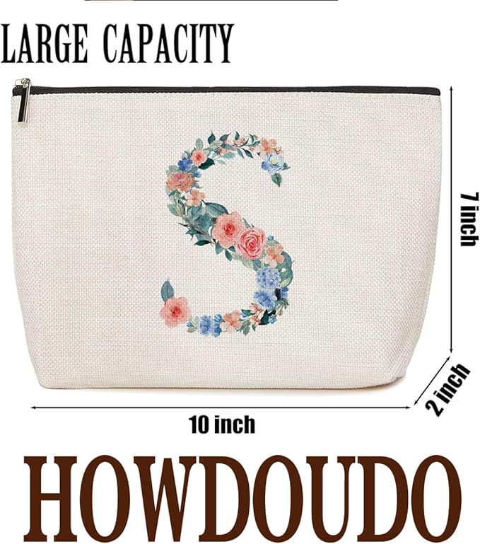 Initial Makeup Bag Monogrammed Travel Toiletry Bag Monogram Cosmetic Bag Birthday Christmas Bridal Shower Bridesmaid Gifts Personalized Gifts for Women Bride Teacher Sisters, Floral Letter S