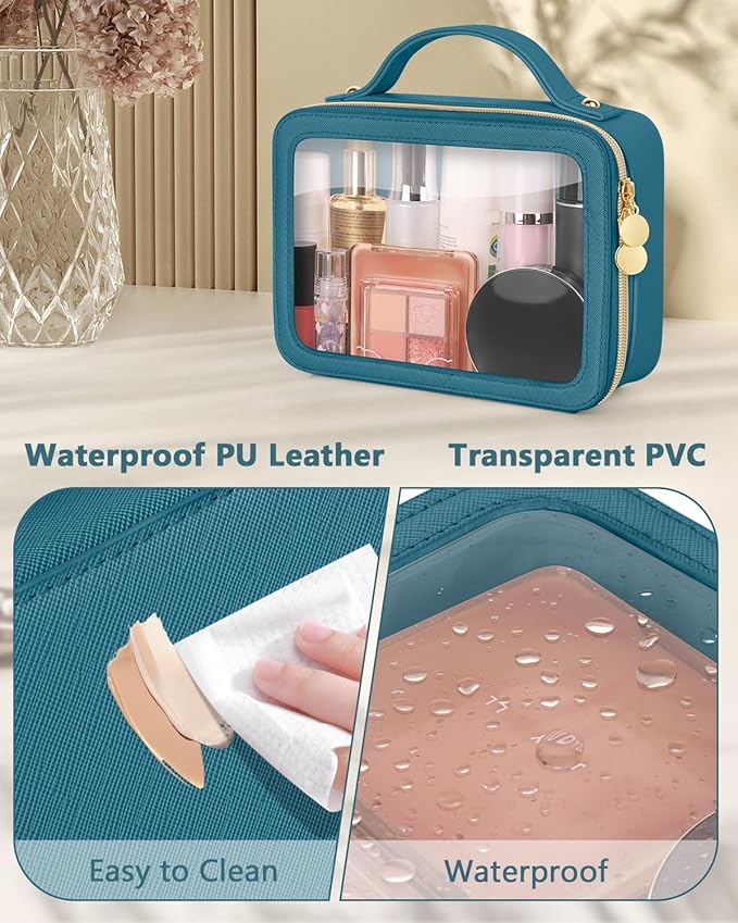Clear Makeup Bag, Portable Travel Cosmetic Bags, Multipurpose Leather Toiletry Bag with Zipper, Waterproof Transparent Cosmetic Organizer for Women, Medium, Blue