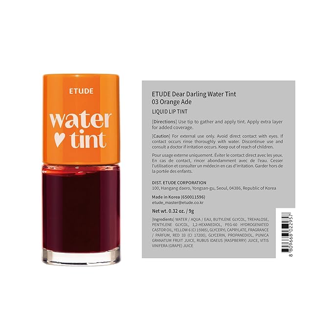 ETUDE Dear Darling Water Tint - Orange Ade (9g) | Vivid Color Lip Stain with Moisturizing Weightless & Non-sticky Finish Lip Stain | Smudge-proof Lip Tint | Korean Makeup, Kbeauty
