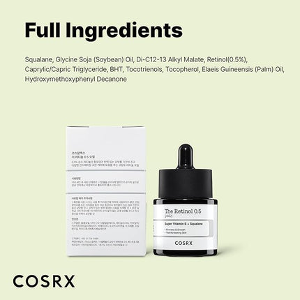 COSRX Retinol 0.5 Oil, Anti-aging Serum with 0.5% Retinoid Treatment for Face, Reduce Wrinkles, Fine Lines, Gentle Skincare for Day & Night, Not Tested on Animals, Korean Skin Care