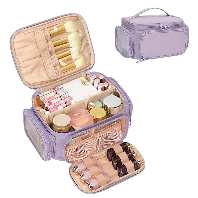 OCHEAL Makeup Bag,Travel Cosmetic Cases Makeup Organizer Bag for Women with Zipper Pouch and Side Pocket, Multifunctional Compartments and Dividers,Make up Toiletries, Brushes & Beauty Tools-Purple