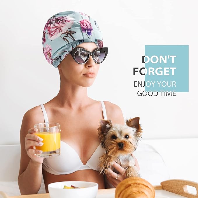 INNELO Luxury Shower Cap for Women Reusable Waterproof, Double Layered Shower Hair Cap with Adjustable Elastic Strap, Large Satin Lined Shower Bath Cap for Long Curly Straight Hair, Green-Flower