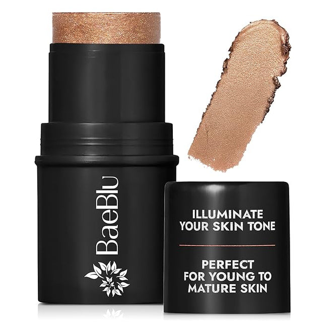 BaeBlu - Organic Blush Tube, Amaretto - 100% Natural Vegan Cream Blush Sticks, Multi-Use Bronzer, & Highlighter for Lips, Cheeks & Eyes, Buildable Shimmer, Gluten-Free, Paraben-Free, Made in USA