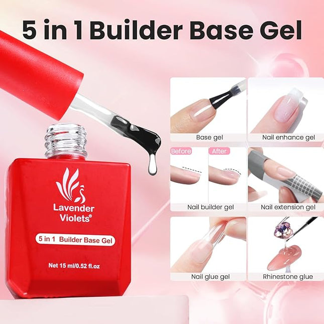 Lavender Violets 15ml Builder Base Coat, Upgraded Formula Long-Lasting 5-in-One Strengthener Thickening Extension Rhinestone Glue Gel Polish for DIY Home Nail Salon Gifts for Women A104