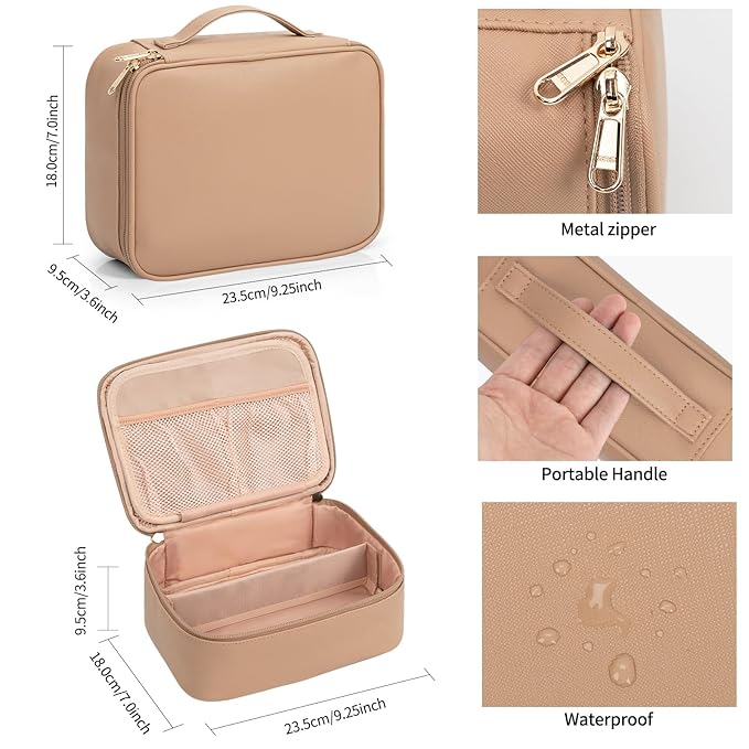 OCHEAL Makeup Bag, Cute Makeup Organizer Bag Potable Make up Bag for Toiletry Cosmetics Accessories with Divider and Brushes Compartments, Makeup Travel Case - Beige Apricot